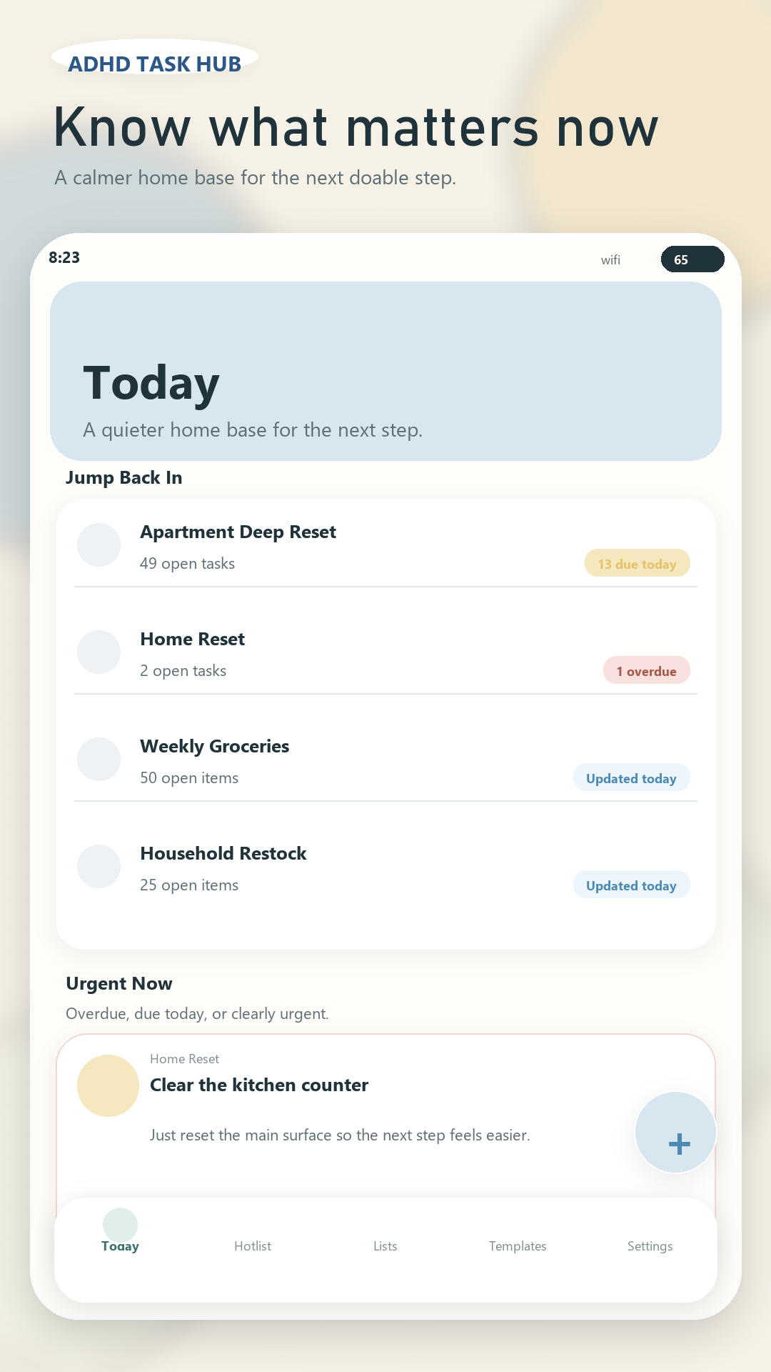 ADHD Task Hub Today screen