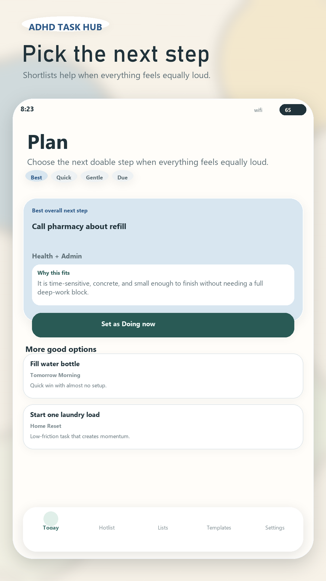ADHD Task Hub Plan screen
